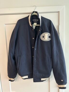 Champion Navy Bomber Jacket Size XL with White Trim